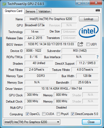 Intel Iris Pro Graphics 6200