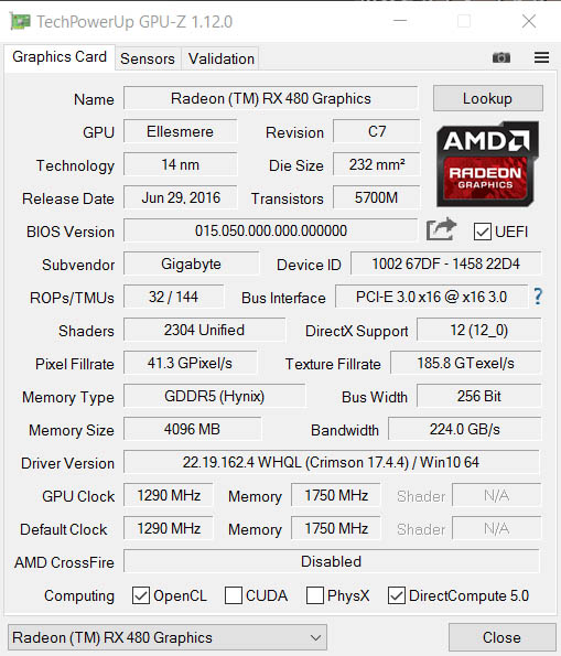 Gigabyte Radeon RX 480 G1 Gaming 4G (GV-RX480G1 GAMING-4GD)