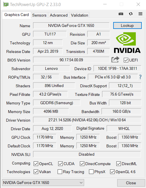 NVIDIA GeForce GTX 1650 Mobile GDDR6