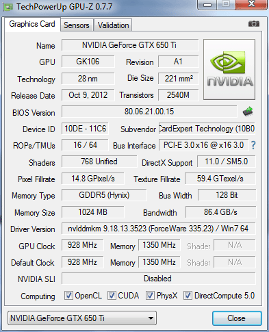 Gainward GeForce GTX 650 Ti 1024MB GDDR5